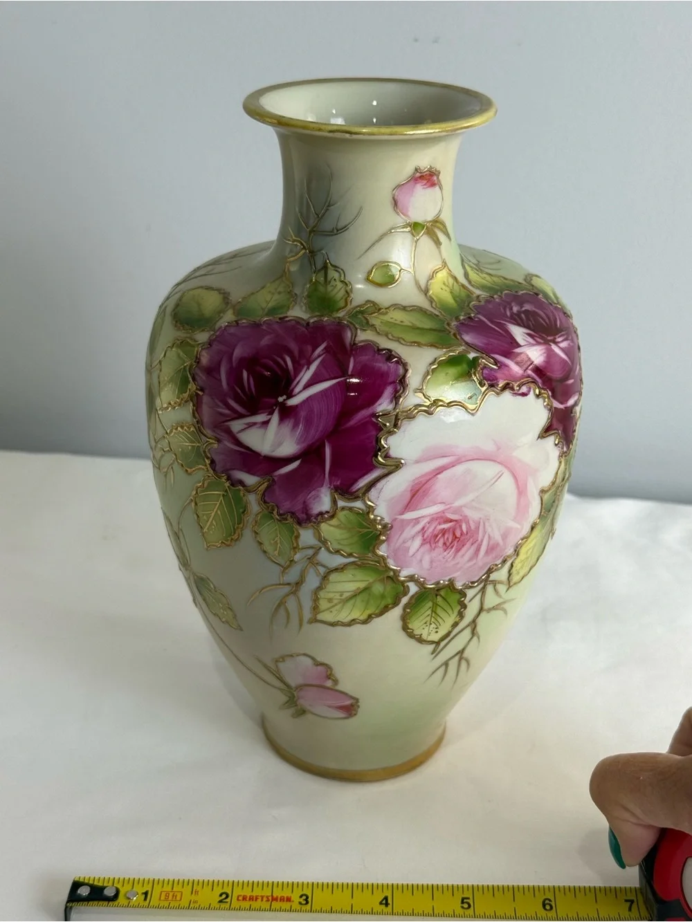 Vintage Vase Antique Hand Painted Nippon Floral Roses Gold Gilt Porcelain